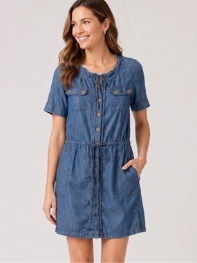 Madewell Jumper Dress Blue Jean Button Front Pockets Drawstring Size Small